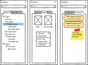 Various tabs for Draw and Impress. The slide/page pane’s thumbnail view can be included as a tab, as well as comments or similar document related information.