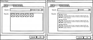 Search for online media; on the left with icon grid view is Google Images and on the right with details view right is Youtube.