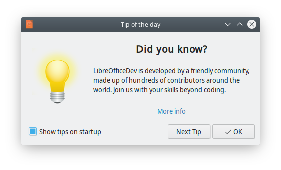 Tip of the day displayed at LibreOffice startup